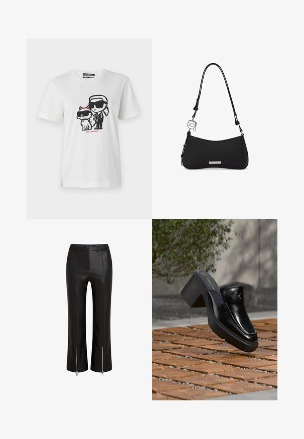 Weißes Baumwoll-T-Shirt mit einem Grafikdesign eines Charakters und einer Katze, die beide Sonnenbrillen tragen. Das Design enthält schwarze Umrisse und rote Akzente.; Schwarze Lederhosen mit einer körpernahen Passform, ausgestattet mit Reißverschluss am Saum, flacher Front und sichtbaren Nahtdetails. Durchgehend glatte Textur.; Schwarze Leder-Slip-on-Mule von Calvin Klein mit Blockabsatz, die auf Holzfliesen im Freien nahe einer grünen Pflanze und einer grauen Wand ruht.; Schwarze Schultertasche mit geschwungenem Boden, verstellbarem Riemen, Metall-Logo-Plakette und silbernem Anhänger in Form eines Gesichts mit Sonnenbrille.