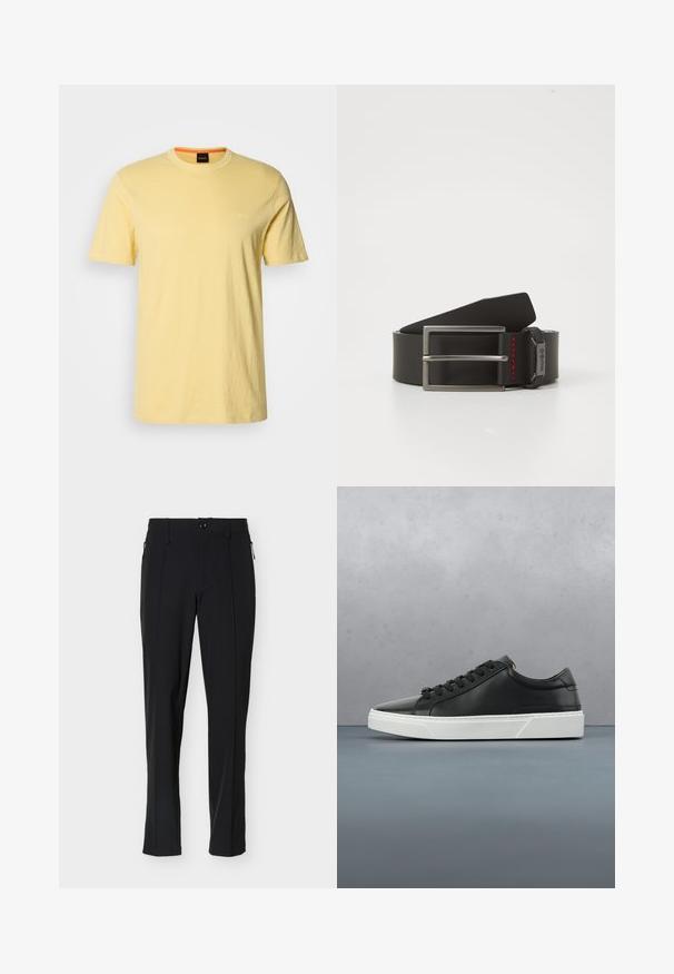 T-shirt jaune à col rond fabriqué en tissu doux, avec des manches courtes. Logo « BOSS » discret brodé dans une couleur assortie sur la poitrine.; Pantalon noir ajusté, coupe slim, avec bouton sur le devant et poches latérales zippées, présenté sur un fond blanc.; Baskets en cuir noir avec un bout rond, surface texturée, semelle en caoutchouc blanc et lacets noirs. Design minimaliste avec un profil épuré.; Ceinture en cuir noir avec une boucle en métal argenté ornée d'une surpiqûre rouge. La ceinture présente une finition lisse et une forme rectangulaire.