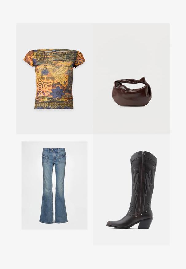 Short-sleeve fitted top with orange, green, and purple abstract patterns, birds, flowers, and the text "Love Birds" on the front.; Flared blue denim jeans feature a high waist, two front pockets with textured detailing, and a traditional button closure.; Brown leather cowboy boots with flame stitching, side zipper, silver studs, pointed toe, and stacked heel.; Dark brown leather shoulder bag with a soft, slouchy shape and a twisted knot handle on a plain white background.