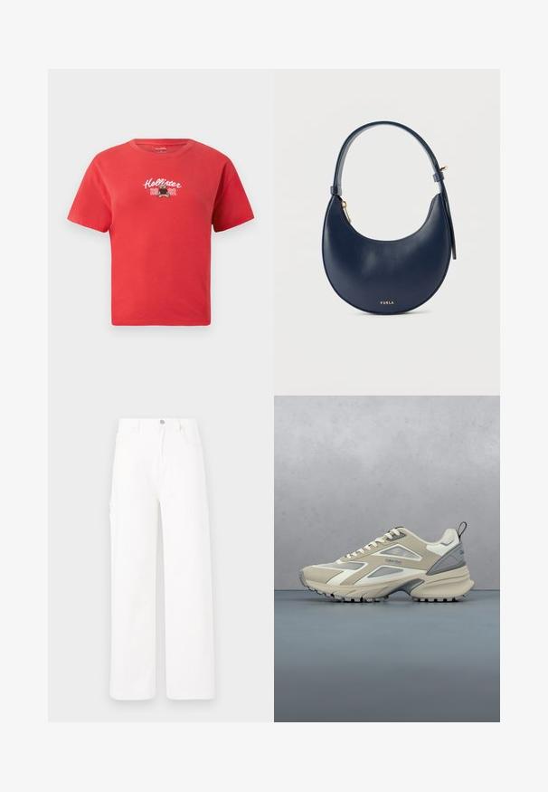 Camiseta de algodón roja con cuello redondo, que presenta texto bordado en blanco de "Hollister" y un gráfico de un oso, junto con "2002" debajo.; Pantalones de denim blancos con un diseño de pierna ancha, estilo clásico de cinco bolsillos y una superficie lisa sin patrones ni adornos.; Zapatilla deportiva beige y gris con suela texturizada, cordones y logo de Calvin Klein, colocada sobre una superficie exterior de madera y baldosas de grava.; Bolso de mano de piel azul marino lisa en forma de media luna, con una sola correa y cremallera dorada, con un pequeño logo dorado "FURLA" en la parte frontal.