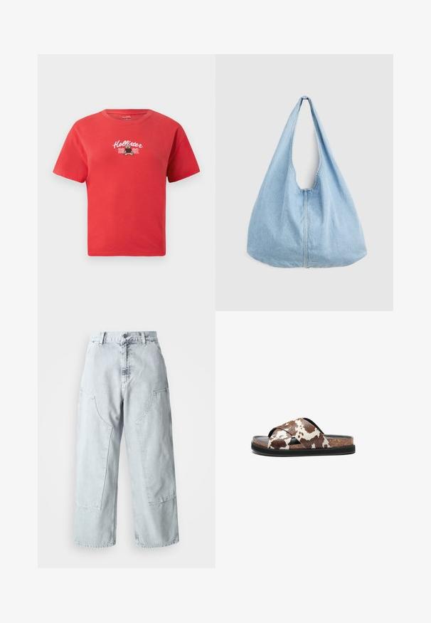 Camiseta de algodón roja con cuello redondo, que presenta texto bordado en blanco de "Hollister" y un gráfico de un oso, junto con "2002" debajo.; Pantalones de denim de tiro alto y pernera ancha en azul claro, con grandes bolsillos laterales y un ajuste holgado. Textura desgastada con un acabado desvanecido.; Sandalia de dedo de color marrón y blanco con un diseño de tiras cruzadas hecha de material suave, con una plantilla de corcho y suela de goma negra.; Bolso de hombro de mezclilla azul claro con una correa ancha y costura central visible, presentado sobre un fondo liso de color gris claro.