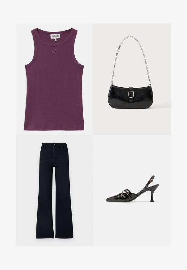 Lilla ribbet tanktop med rund halsudskæring og brede skulderstropper. Har tekstureret stof og præget logo på brystet.; Mørkeblå, udvidede jeans lavet af denim. Har lynlåslukning med knap, fem lommer og et rent design med minimale teksturvariationer.; ALOHAS JOELLE ONIX - Pumps - black; Sort skuldertaske i laklæder med sølv spænde og sølv kæderem, vist mod en ensartet lys baggrund.