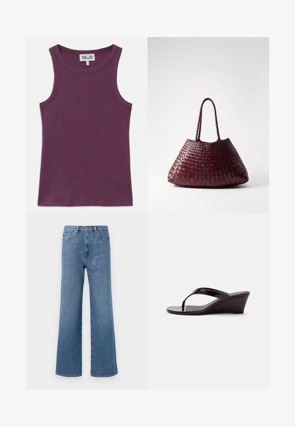 Lilla ribbet tanktop med rund halsudskæring og brede skulderstropper. Har tekstureret stof og præget logo på brystet.; Lysblå denim bukser med bred benvidde og høj talje, med en frontlukning med knap, fem lommer og en ren kantfinish.; Brun patentlæder kile-sandal med tåremme og åben tå, vist i sideprofil på en ensfarvet baggrund.; DRAGON DIFFUSION SANTA CROCE BIG - Håndtasker - bordo
