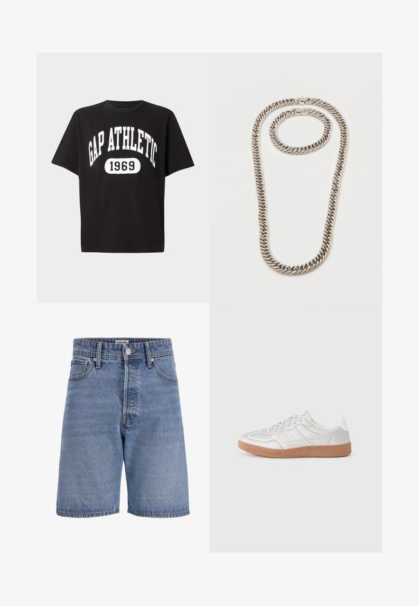 T-shirt noir à manches courtes avec texte blanc "GAP ATHLETIC" en arc au-dessus d'un ovale contenant "1969" à l'avant.; Short en denim bleu avec une coupe classique à cinq poches, passants de ceinture et fermeture frontale par bouton et zip, présenté contre un fond uni.; Baskets argentées avec une texture lisse, un design à lacets, des accents perforés et une semelle en caoutchouc marron texturé.; Collier chaîne épaisse de couleur argentée et bracelet assorti avec maillons entrelacés et fermoirs à boîte sur fond blanc.