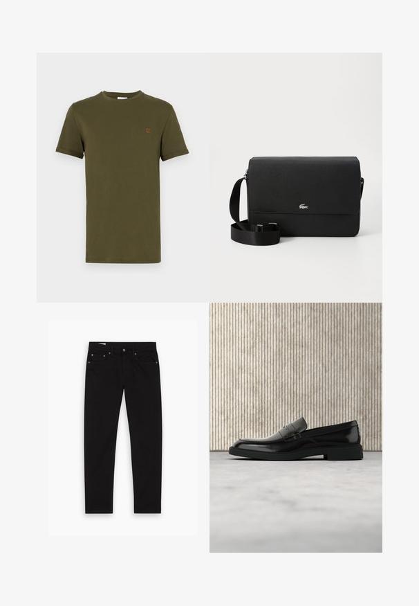 Camiseta de algodón verde oliva de manga corta, con cuello redondo y un pequeño detalle bordado en naranja que dice "II" en el pecho. Textura suave, diseño básico.; Jeans negros de pierna recta con bolsillos frontales y traseros, bucles para cinturón y cierre de botón y cremallera, extendidos sobre un fondo blanco.; Zapato loafer de cuero negro pulido flotando sobre una alfombra beige con muebles translúcidos naranjas de fondo.; Bolso cruzado de cuero negro con una textura suave, tapa frontal, acento con logo plateado y correa de tela ajustable.