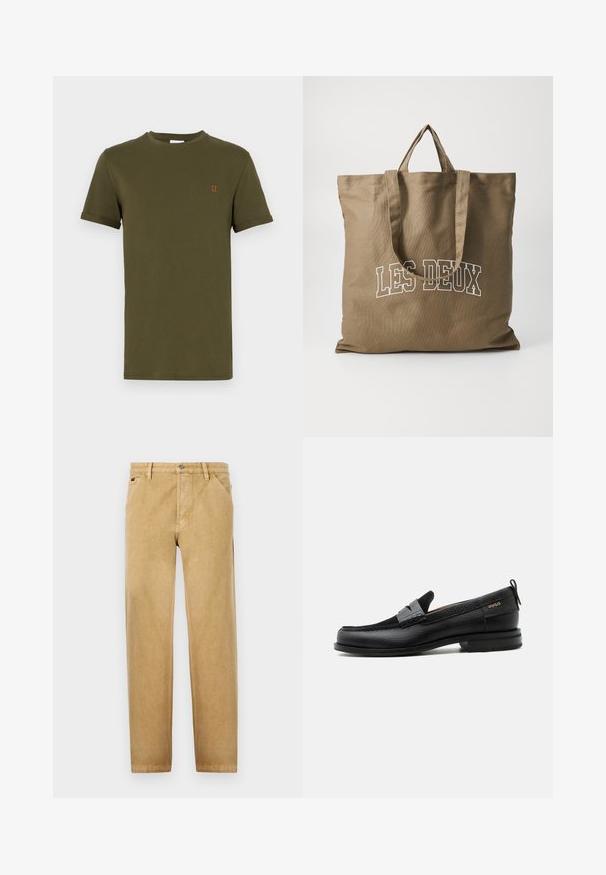 Camiseta de algodón verde oliva de manga corta, con cuello redondo y un pequeño detalle bordado en naranja que dice "II" en el pecho. Textura suave, diseño básico.; Chinos marrones con un diseño de pierna recta, fabricados en tejido suave. Presentan bolsillos delanteros, un cierre de botón y detalles de costura sutiles.; Mocasín de cuero negro con detalle de tira gris, tacón bajo y suela texturizada, con la marca "HUGO" en oro en el lateral.; Bolsa de tela marrón con dos asas largas. La parte frontal presenta texto blanco que dice "LES DEUX". Diseño sencillo, material resistente y forma plana.