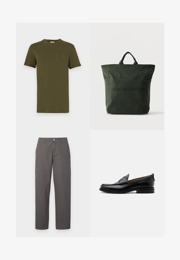 Camiseta de algodón verde oliva de manga corta, con cuello redondo y un pequeño detalle bordado en naranja que dice "II" en el pecho. Textura suave, diseño básico.; Pantalones de algodón gris con un diseño de pierna recta, que cuentan con un botón frontal, cierre de cremallera y bolsillos laterales. Textura suave, sin patrones.; Mocasín de hombre de piel negra con costura moc toe, tira penny, cuello texturizado y tacón bajo apilado sobre fondo blanco.; Bolsa tote de lona verde oscuro con asas cortas y el texto "KARL LAGERFELD" centrado en la parte delantera sobre un fondo blanco.