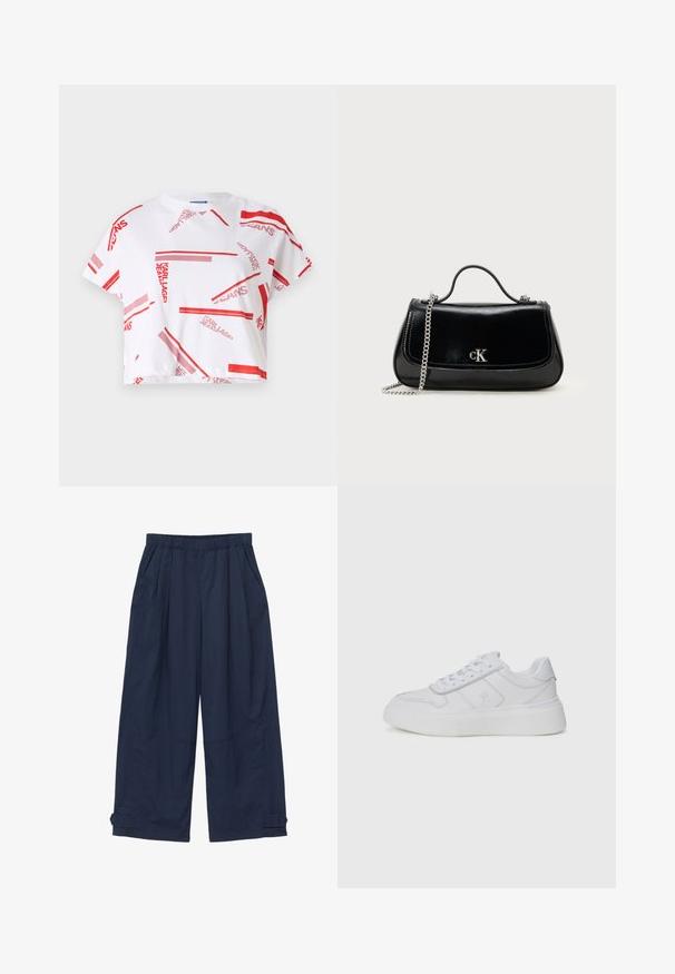 Ingekorte witte t-shirt met een rood en roze grafisch patroon en de tekst "KARL LAGERFELD JEANS" in verschillende richtingen en maten.; Marineblauwe wijde broek met elastische tailleband, zijzakken en verstelbare banddetails bij de zoom.; Tommy Hilfiger SNEAKER - Sneakers laag - white; Zwarte leren handtas met een ketting schouderband, gestructureerde vorm en een zilveren logo-accent. Gladde textuur met een flapsluiting.