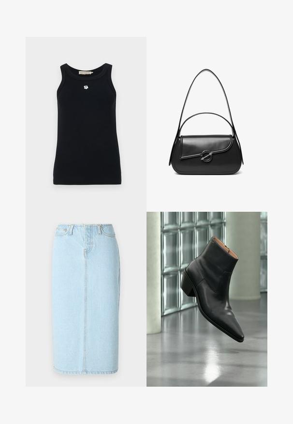 Sort tanktop lavet af ribbet stof, med rund halsudskæring og et lille hvidt blomsteremblem på forsiden. Ærmeløs design.; Lys blå denim blyantskørt med høj talje, fem lomme-design og subtile syninger langs sømmene.; Sort læderankelstøvle med spids tå og blokhæl, der svæver over en reflekterende grå gulv nær en væg af glasblokke.; Sort skuldertaske i læder med en buet klap, der er fastgjort med en rund metal spænde, og en slank, justerbar rem.