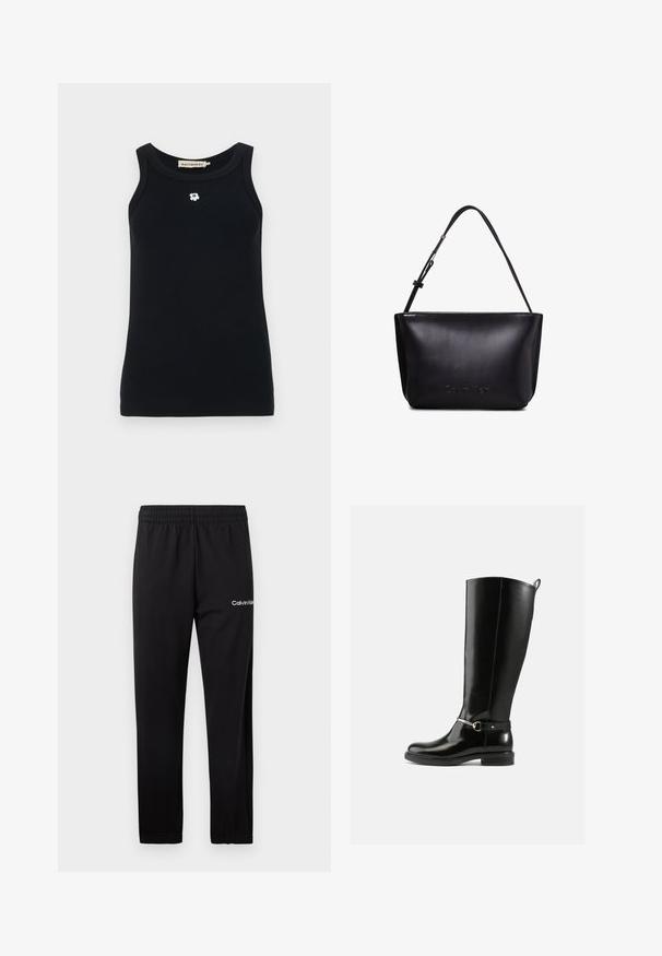Zwarte tanktop van ribstof, met een ronde halslijn en een klein wit bloemenembleem aan de voorkant. Mouwloos ontwerp.; Zwarte Calvin Klein sweatpants met elastische tailleband en wit logo op de bovenste linker dij, afgebeeld tegen een witte achtergrond.; Zwarte kniehoge laarzen van glanzend leer, met een zilveren gespdetail op de enkel en een afgeronde neus. Platte zool.; Zwarte leren handtas met een gestructureerd ontwerp, verstelbare schouderband en verdiept logo. Gladde textuur en minimalistische stijl.