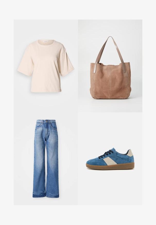 Camiseta de manga corta color beige claro, hecha de algodón suave. Presenta un escote redondo y un corte holgado con puños enrollados. Diseño minimalista.; Jeans de tiro alto, de mezclilla, de pierna ancha y color azul claro, con cinco bolsillos y sutiles marcas de desgaste en la parte frontal para agregar textura.; Zapatillas de ante azul con un acento de cuero beige, cordones oscuros y una suela de goma texturizada; diseño de perfil bajo con puntera redondeada.; Anna Field LEATHER - Bolso shopping - taupe