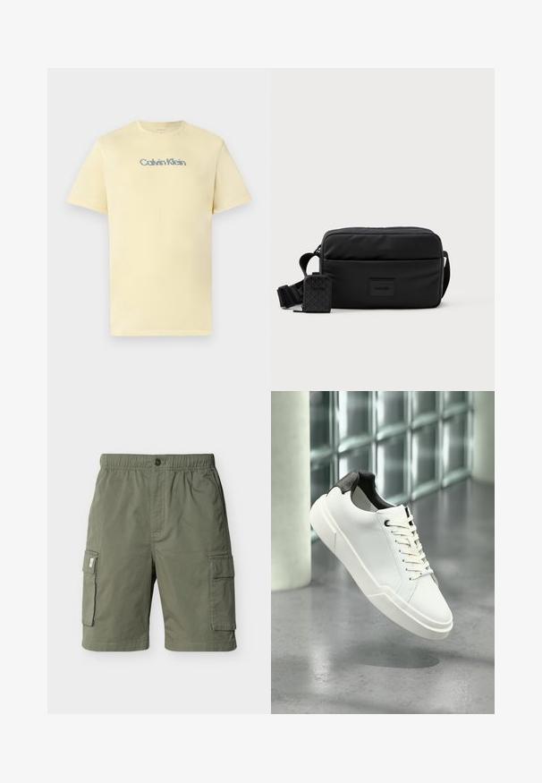 Svetložlté bavlnené tričko s okrúhlym výstrihom, krátkymi rukávmi a jemným, viacfarebným logom "Calvin Klein" na hrudi.; Olivovo zelené cargo šortky s elastickým pásom, zapínaním na gombík, dvoma bočnými klopovými vreckami a bočnými švovými vreckami, zobrazené na bielom pozadí.; Biela nízka teniska s čiernou textúrovanou pätkou, bielymi šnúrkami a hrubou podrážkou na leštenej betónovej podlahe pri sklenených blokoch.; Čierna crossbody taška vyrobená z hladkého nylonu, s obdĺžnikovým tvarom, ktorá obsahuje odnímateľnú malú taštičku a nastaviteľný popruh.