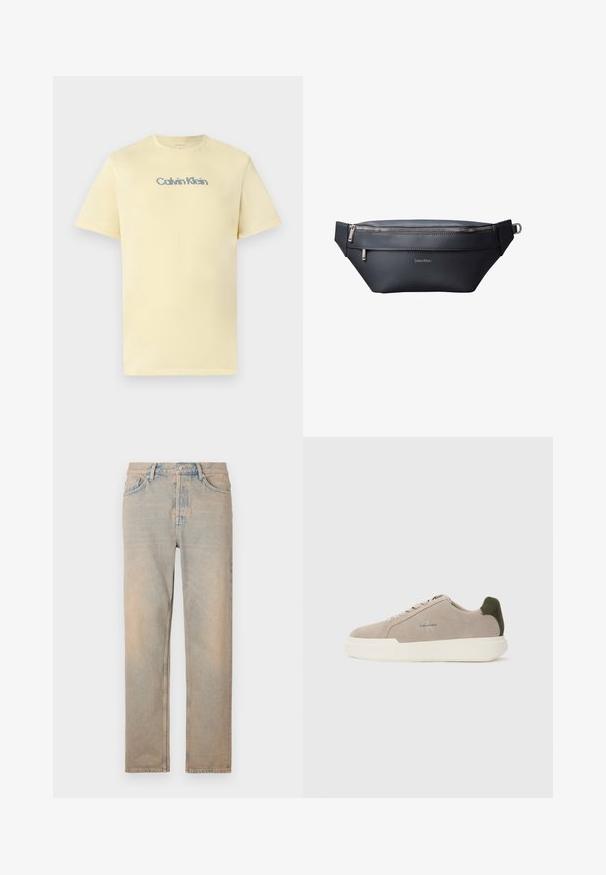 Svetložlté bavlnené tričko s okrúhlym výstrihom, krátkymi rukávmi a jemným, viacfarebným logom "Calvin Klein" na hrudi.; Svetlo béžové denimové džínsy so rovnými nohavicami. Obsahujú päť vreciek, zapínanie na gombík a jemné vyblednutie na povrchu látky.; Béžové semišové tenisky s bielou gumovou podrážkou, zdobené tmavozeleným akcentom na päte a jemným brandingom na boku.; Čierna kožená ľadvinka Calvin Klein s dvoma vreckami na zips a nastaviteľným popruhom s kovovou prackou.
