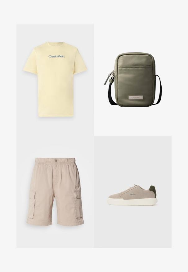 Svetložlté bavlnené tričko s okrúhlym výstrihom, krátkymi rukávmi a jemným, viacfarebným logom "Calvin Klein" na hrudi.; Béžové cargo šortky s elastickým pásom, zapínaním na gombík, dvoma bočnými vreckami a ďalšími vreckami na stehnách. Ľahká látka.; Béžové semišové tenisky s bielou gumovou podrážkou, zdobené tmavozeleným akcentom na päte a jemným brandingom na boku.; Kompaktná olivovo zelená kabelka cez rameno s predným vreckom, čiernym nastaviteľným popruhom, zapínaním na zips a menovkou s logom Calvin Klein.