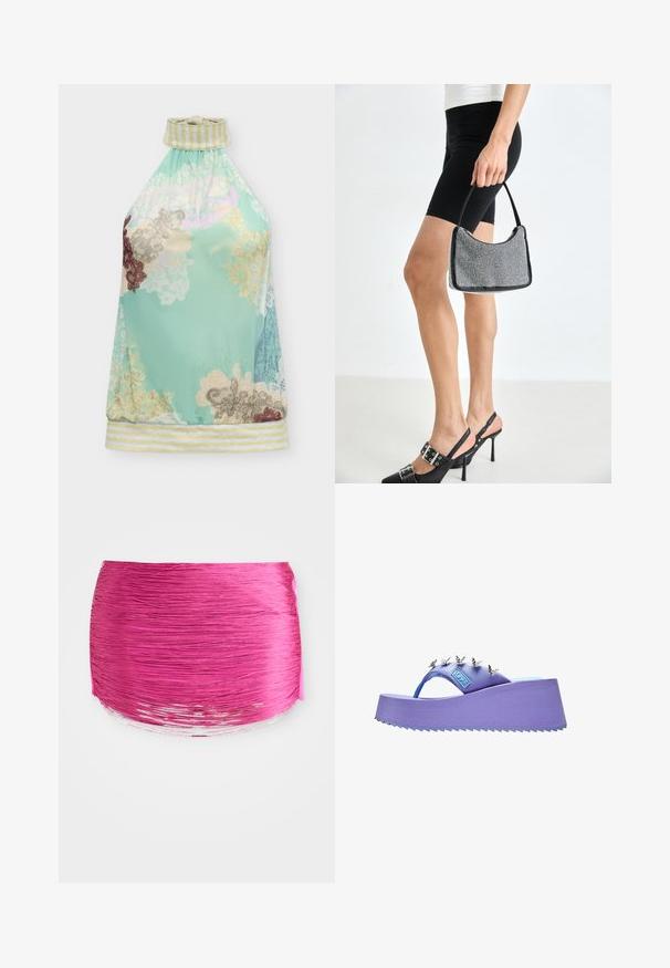 Sleeveless halter top with yellow and white striped collar and hem, featuring a pastel floral lace pattern on a light turquoise background.; Pink pleated fabric with horizontal lines, rounded shape, and contrasting shiny edge. Textured with vibrant color and smooth finish.; Purple platform flip-flop sandal with silver butterfly decorations on the strap and a textured sole.; Black beaded handbag with a curved silhouette, carrying handle, and shiny texture. Worn with high-heeled black shoes and fitted black shorts.