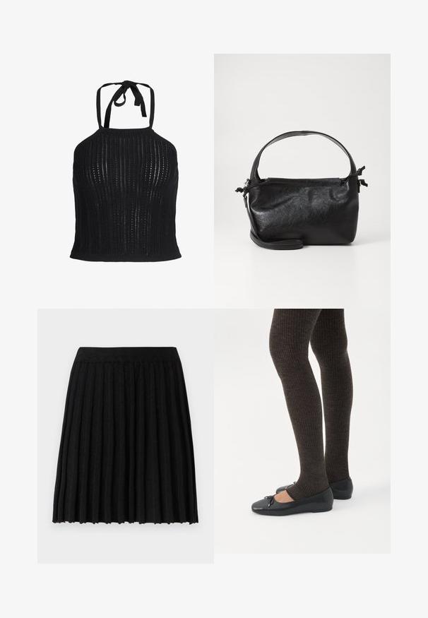Čierny pletený crop top s halter výstrihom, vertikálnym otvoreným vzorom a zaväzovaním na krku.; Vero Moda Knitted VMMARINA Short - Minisukňa - black; Nohy v tmavých pásikavých legínach v kombinácii s čiernymi balerínkami s malými mašličkami na bielom pozadí.; Čierna kožená kabelka so štruktúrovaným dizajnom, okrúhlym horným uchom a odnímateľným ramenným popruhom. Má hladkú textúru a jemný lesk.