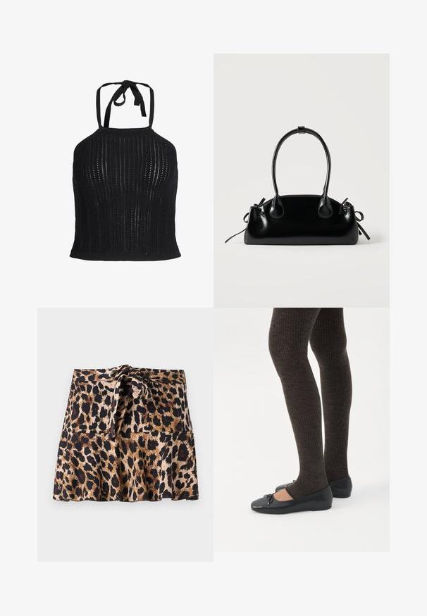 Μαύρο πλεκτό crop top με halter neck, κάθετο ανοιχτό πλεκτό μοτίβο και δέσιμο στον λαιμό.; Μίνι φούστα με λεοπάρ μοτίβο, φτιαγμένη από μαλακό ύφασμα, με φαρδύ σχέδιο, δεμένη μέση και αντίθετους μαύρους και καφέ λεκέδες σε μπεζ φόντο.; Πόδια με σκουρόχρωμα ριμπ κολάν συνδυασμένα με μαύρα μπαλαρίνα παπούτσια με μικρές λεπτομέρειες φιόγκων σε λευκό φόντο.; Μικρή μαύρη γυαλιστερή τσάντα με δύο μακριές λαβές και λεπτομέρειες με ρυθμιζόμενο κορδόνι στο πλάι σε απλό ανοιχτό φόντο.
