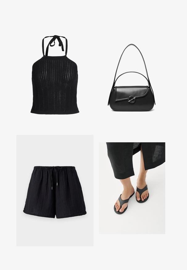 Musta neulottu halter-mallinen crop top, jossa pystysuora avokudontakuosi ja solmittava suljenta kaulassa.; Mustat puuvillashortsit, joissa on teksturoitu, ryppyinen pinta. Varustettu joustavalla vyötäröllä ja säädettävällä nauhalla mukavuutta ja istuvuutta varten.; Lähikuva jaloista, joissa on mustat nahkaiset varvassandaalit ja mustan hameen helma näkyy nilkkojen yläpuolella valkoisella lattialla.; Musta nahkainen olkalaukku, jossa on kaareva läppä, jonka kiinnittää pyöreä metallilukko, ja ohut, säädettävä hihna.
