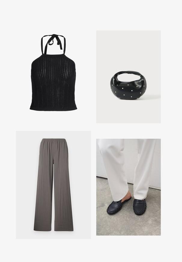 Μαύρο πλεκτό crop top με halter neck, κάθετο ανοιχτό πλεκτό μοτίβο και δέσιμο στον λαιμό.; Φαρδιά παντελόνια από υφαντό, σκούρο γκρι ύφασμα. Διαθέτουν ελαστική μέση και ραμμένο στρίφωμα.; Άτομο που φοράει λευκό παντελόνι και μαύρα δερμάτινα μοκασίνια χωρίς κορδόνια, στέκεται πάνω σε τσιμεντένιο δάπεδο.; Μαύρη δερμάτινη τσάντα χειρός με στρογγυλεμένο σχήμα, διακοσμημένη με ασημένιες λεπτομέρειες με καρφιά και κοντή λαβή. Λείο υλικό και κλείσιμο με φερμουάρ.