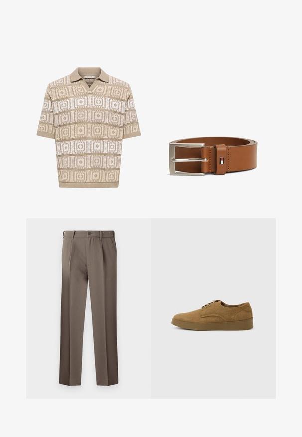 Polo en maille beige à manches courtes avec motifs géométriques carrés et losanges en beige et blanc, col et poignets côtelés.; Pantalons marron sur mesure avec plis, dotés d'une fermeture à bouton, de passants de ceinture et d'une texture tissée lisse. Design classique à jambe droite.; Chaussure décontractée à lacets en daim marron avec semelle en caoutchouc plate, vue de côté sur un fond clair uni.; Ceinture en cuir marron avec boucle rectangulaire argentée et petite étiquette logo rectangulaire avec un motif rouge, blanc et noir près de la boucle.