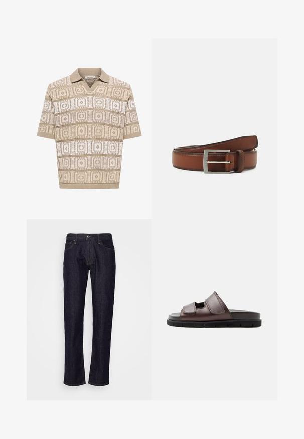 Polo en maille beige à manches courtes avec motifs géométriques carrés et losanges en beige et blanc, col et poignets côtelés.; GAP STRAIGHT RESIN - Jean droit - resin rinse; Sandale en cuir marron avec deux brides Velcro ajustables et une semelle noire coussinée sur fond blanc.; Ceinture en cuir brun avec une boucle rectangulaire en argent, présentant des détails de couture subtils et une texture lisse.