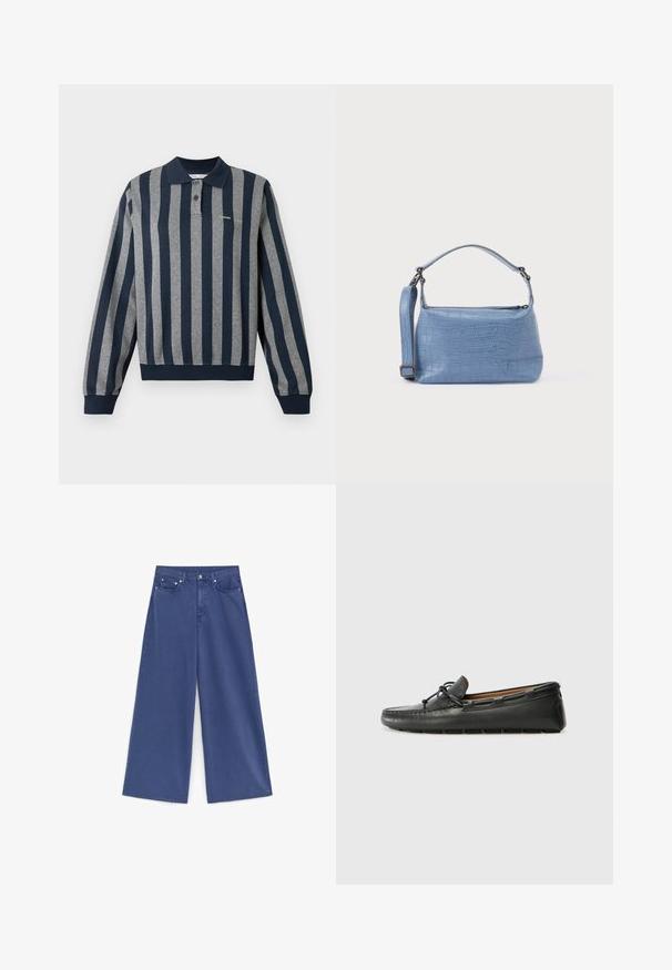 Polo à manches longues avec rayures verticales bleu marine et grises, doté d'un col, d'une patte de boutonnage et d'un ourlet et poignets côtelés.; Jean taille haute à jambes larges en denim bleu uni avec poches avant, passants de ceinture et fermeture par bouton.; Bateau en cuir noir avec un bout arrondi, des détails de couture, un petit accent en nœud et une semelle en caoutchouc. Texture lisse et design épuré.; Sac à main bleu clair embossé façon crocodile avec une poignée courte et une bandoulière amovible. Texture lisse avec une fermeture éclair.