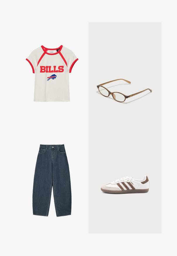 Chemise blanche à manches courtes avec bordure rouge, texte "BILLS" en rouge, et logo de buffle bleu avec une bande rouge en dessous du texte sur le devant.; Jeans en denim bleu foncé à jambes larges avec une taille haute, dotés de cinq poches et de détails de couture visibles. Design épuré et minimal.; Baskets Adidas Samba blanches avec des bandes en daim marron, semelle en caoutchouc marron et bout en daim beige, vues du côté extérieur sur un fond uni.; Lunettes en écaille de tortue marron avec des verres ovales, des branches fines et des accents transparents. Présente un logo subtil sur la branche. Design élégant et léger.