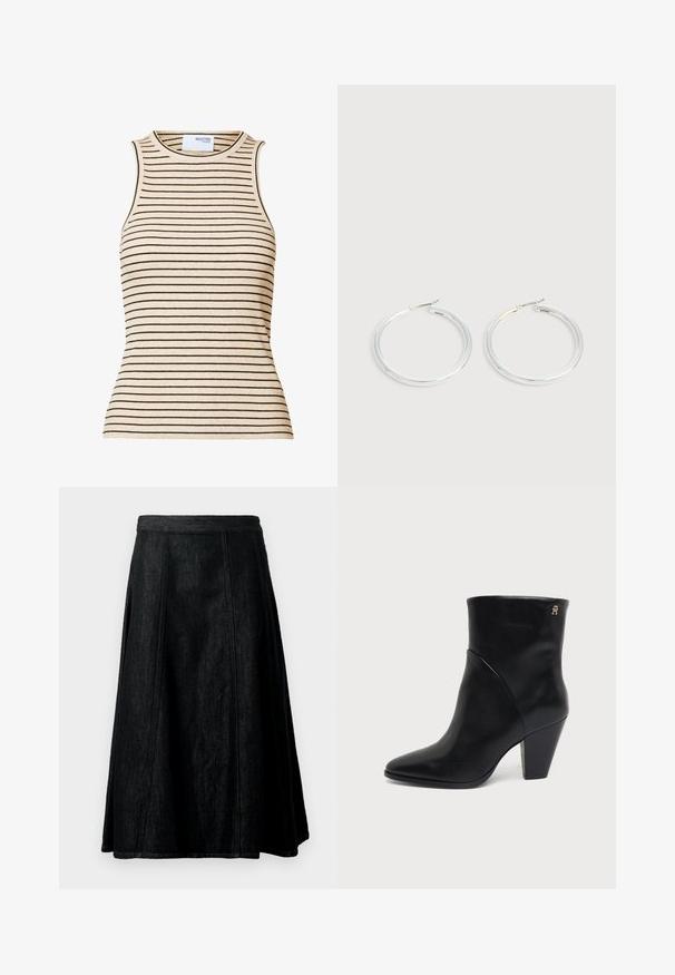 Top de punto beige sin mangas con finas rayas horizontales negras y escote redondo.; Falda A-line de mezclilla negra con cintura ajustada, silueta fluida, costuras visibles y dobladillo hasta la rodilla. Sin bolsillos ni adornos.; Bota de cuero negro hasta el tobillo con puntera puntiaguda, tacón de bloque y pequeño logo dorado cerca del borde superior en el lado exterior.; Pareja de pendientes de aro plateados brillantes con cierres de alambre delgado, mostrados sobre un fondo gris claro.