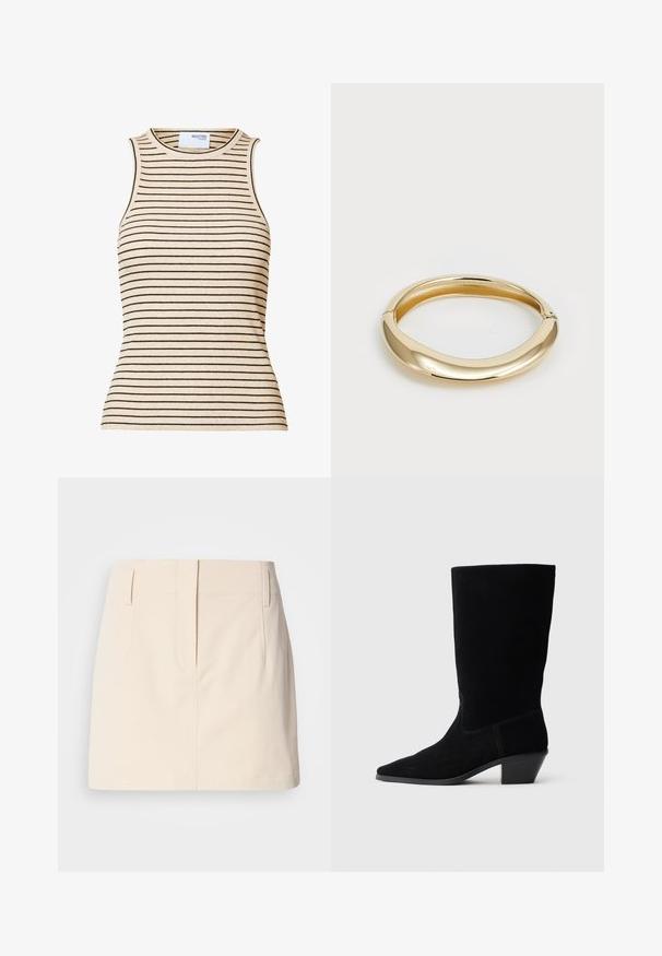 Beige ærmeløs ribstrikket top med smalle sorte vandrette striber og rund halsudskæring.; Calvin Klein Jeans SKIRT - A-snit nederdel - fog; Sort ruskind ankelstøvle med spidse tæer, mellemhøj skaft og en chunky hæl. Fuldender et minimalistisk design med lidt syninger og en glat tekstur.; Guldtonet armbånd med et glat, afrundet design. Har en poleret overflade og en åben baggrund for nem påtagning.