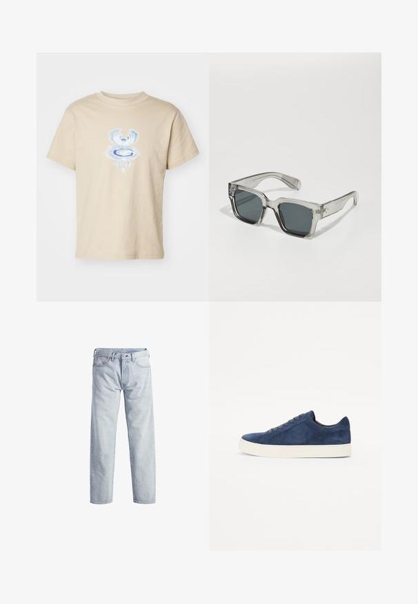 Weekday BOXY GRAPHIC TEE - T-shirt imprimé - beige; Jean en denim bleu clair avec un design à jambe droite, fermeture à boutons, cinq poches et une texture de décoloration subtile. Il présente des accents en métal.; Baskets en suède bleu marine avec un bout arrondi, cinq œillets, semelle en caoutchouc blanche et design minimaliste. Texture lisse, sans motifs visibles.; Lunettes de soleil claires et surdimensionnées avec des verres foncés, dotées d'une monture rectangulaire épaisse et d'accents texturés sur les branches. Fabriquées en plastique transparent.