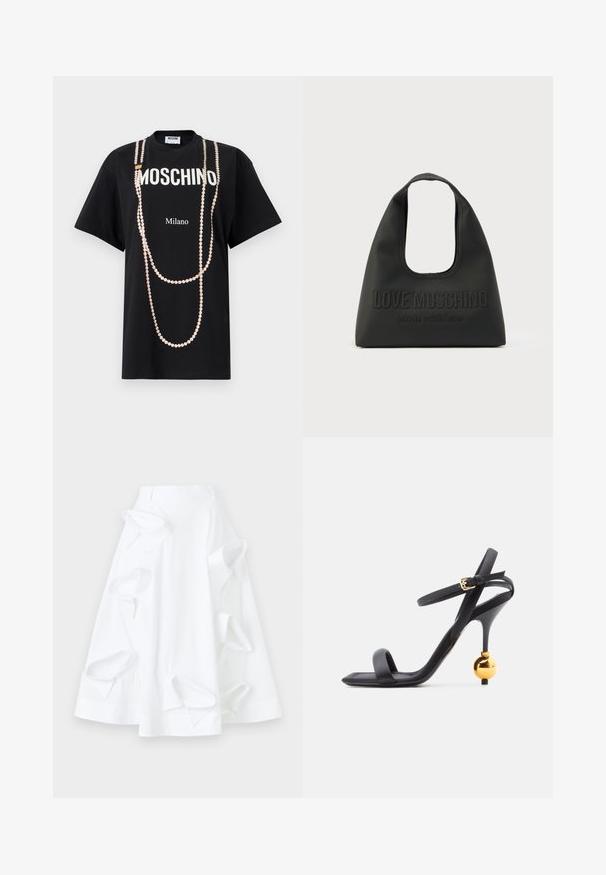 Μαύρο T-shirt με κείμενο "MOSCHINO" και "Milano". Διακοσμημένο με ανάγλυφη εκτύπωση ροζ χάντρων πέρλας που μοιάζουν με κρεμαστά κολιέ. Κοντά μανίκια.; Λευκή φούστα σε Α γραμμή, φτιαγμένη από βαμβάκι, με υπερμεγέθεις κοψίματα και απαλή υφή. Περιλαμβάνει δομημένη ζώνη.; Μαύρο σανδάλι με ψηλό τακούνι, λεπτό λουράκι στον αστράγαλο και μοναδική χρυσή σφαιρική λεπτομέρεια στο τακούνι, με τετράγωνη μύτη.; Μαύρη τσάντα χειρός από λείο υλικό, με στρογγυλεμένη λαβή σε σχήμα κοψίματος, ανάγλυφο λογότυπο "LOVE MOSCHINO" και τη φράση "Made with love."