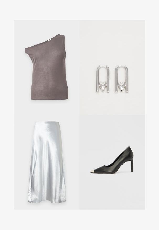 Haut sans manches taupe avec un design à une épaule et un col asymétrique, réalisé dans un tissu léger et légèrement transparent.; Jupe midi en satin argenté avec une texture lisse, un design évasé et un éclat subtil. Elle présente une taille droite et une silhouette en A.; Chaussure à talon haut en cuir noir avec bout pointu et capuchon argenté métallique. Présente une finition lisse et un talon fin de 10 cm.; Boucles d'oreilles en métal argenté présentant une forme en U avec un accent en forme de cœur à la base, une texture lisse et une finition polie.