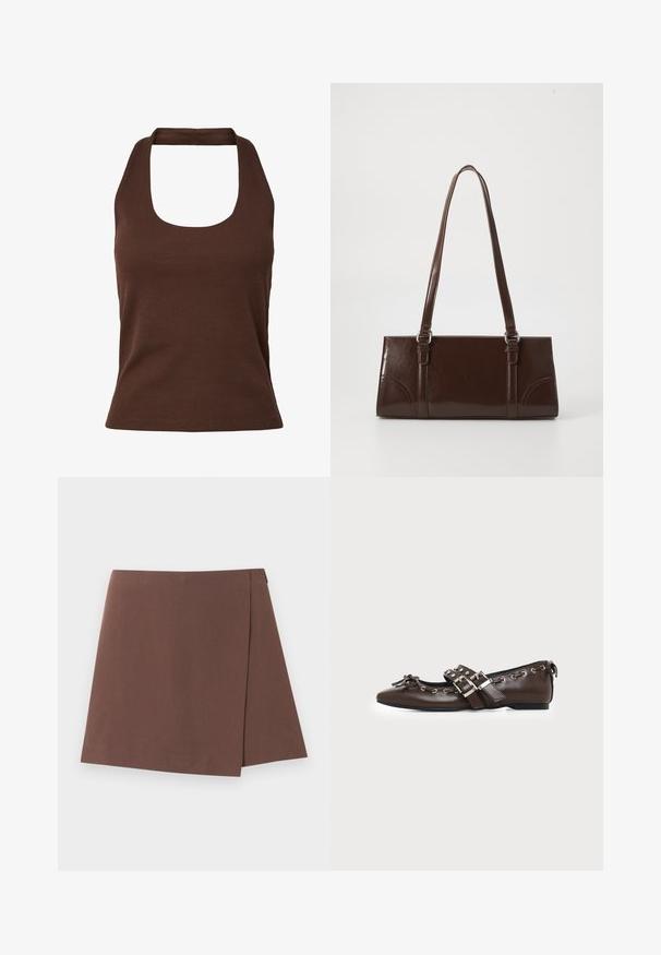 Haut marron côtelé sans manches à col montant carré et taille ajustée.; Jupe trapèze marron avec un léger détail de superposition à l'avant, en tissu lisse, présentée sur un fond uni clair.; Chaussure plate en cuir marron foncé avec bout pointu, doubles brides à boucles argentées, œillets métalliques et nœud décoratif à l'avant.; Sac à main en cuir verni marron de forme rectangulaire, avec deux longues poignées et des accents courbés subtils à l'avant.