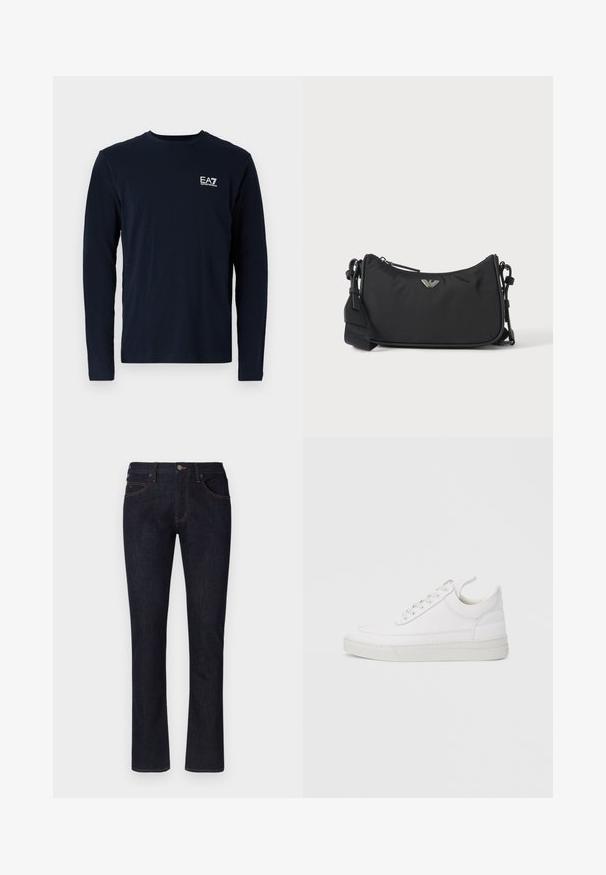 Navy langærmet t-shirt lavet af bomuld, med rund hals og et lille hvidt EA7-logo på venstre bryst. Glat tekstur.; Mørkeblå denimjeans med lige ben, fem-lomme design, kobberfarvet syning og lukning med knap foran. Blød tekstur, klassisk stil.; Hvid lædersneaker med rundet tå, flad sål og snørebånd foran. Har syningsdetaljer og polstret krave for komfort.; Sort rektangulær crossbody taske med sølv brandlogoemblem og justerbar rem på lys baggrund.