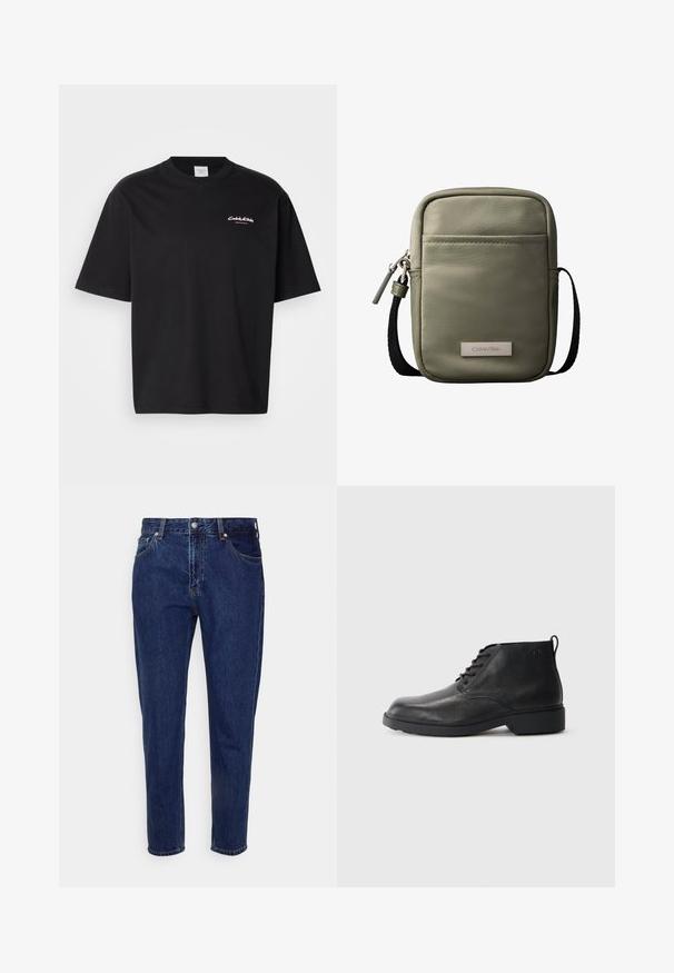 Schwarzes Baumwoll-T-Shirt mit lockerer Passform, kurzen Ärmeln und einem weißen Calvin Klein-Logo auf der Brust gedruckt. Glatte Textur, Rundhalsausschnitt.; Dunkelblaue Jeans mit geradem Bein, vorderer Knopf- und Reißverschluss, Gürtelschlaufen sowie Vorder- und Gesäßtaschen.; Schwarze Lederstiefel mit strukturierter Oberfläche, runder Zehenpartie, Schnürung vorne und einer robusten Gummisohle. Verfügt über eine kleine Zuglasche an der Rückseite.; Kompakte olivgrüne Umhängetasche mit Vordertasche, schwarzem verstellbarem Riemen, Reißverschluss und Calvin Klein Logo-Plakette.