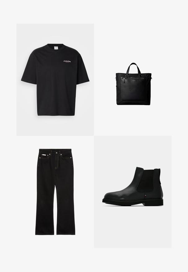 Schwarzes Baumwoll-T-Shirt mit lockerer Passform, kurzen Ärmeln und einem weißen Calvin Klein-Logo auf der Brust gedruckt. Glatte Textur, Rundhalsausschnitt.; Schwarze Jeans mit geradem Bein, oranger Naht, fünf Taschen, Knopfverschluss und kleinem Calvin Klein-Label auf der vorderen rechten Tasche.; Schwarzer Chelsea-Stiefel aus Leder mit elastischen Seitenteilen, rundem Zehenbereich und strukturierter Oberseite. Verfügt über eine flache Gummisohle und dezente Markenakzente.; Schwarze Tragetasche mit Doppelgriffen, großer vorderer Ledertasche mit Reißverschluss und dezentem Calvin Klein-Logo in der Mitte der Tasche.