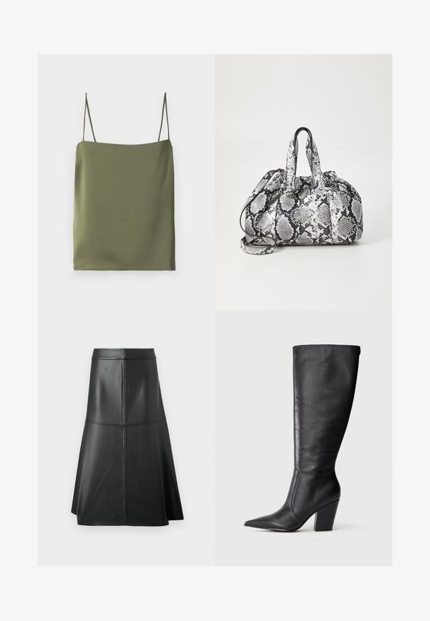Olijfgroene cami-top gemaakt van gladde stof. Heeft dunne bandjes en een recht uitgesneden halslijn, met een eenvoudig, minimalistisch ontwerp.; Zwarte leren A-lijn rok, met een gladde textuur, tot halverwege de kuit, met horizontale stikdetails in de taille en naden voor extra structuur.; Zwarte leren kniehoge laars met puntige neus en chunky hoge hak, getoond in zijaanzicht aan de linkerkant op een witte achtergrond.; Zwart-wit handtas met slangenhuidpatroon, voorzien van twee handvaten, een trekkoordsluiting en een afneembare schouderriem. Hanteert een gladde textuur.