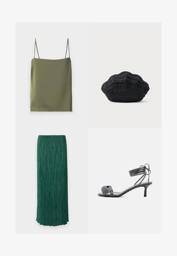 Olijfgroene cami-top gemaakt van gladde stof. Heeft dunne bandjes en een recht uitgesneden halslijn, met een eenvoudig, minimalistisch ontwerp.; Lange groene rok met een gestructureerd oppervlak, verticale plooien en een subtiele glans. Het heeft een rechte silhoeet en een golvende zoom.; Grijze leren sandaal met hak, voorzien van een geknoopte band bij de tenen en wikkellinten rond de enkel op een slanke sandaal met een middenhoge hak, tegen een witte achtergrond.; Zwarte gevlochten handtas in de vorm van een sint-jakobsschelp met een gebogen bovenkant en een geweven textuur op een effen achtergrond.