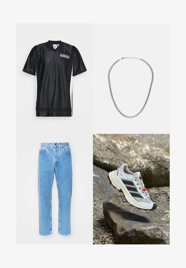Musta urheilu-paita, joka on valmistettu kiiltävästä ja sileästä kankaasta. Siinä on V-pääntie, valkoiset sivuviivat ja Adidas-logo rinnassa.; Vaaleansiniset farkut ovat suoran lahkeen muotoilulla, viidellä taskulla ja klassisella nappisuljennalla vyötäröllä.; Valkoinen ja musta Adidas Terrex -polkujuoksukenkä Gore-Texillä, leijumassa kivisen maaston yläpuolella.; Fossil JEWELRY NECKLACE - Kaulakoru - silver-coloured