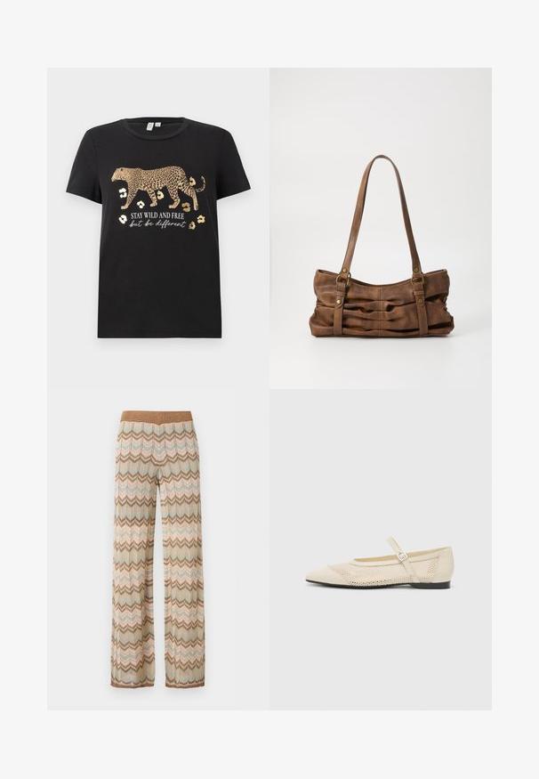 Sort bomulds T-shirt med leopardprint design og gyldne accenter. Har teksten "BLIV VILDE OG FRIE, men vær anderledes" under.; Strikkede bukser med vide ben og chevronmønster i beige, brun, lyseblå og lys pink, med en ribbet brun taljebånd.; Beige balletflader med spids tå, mesh design overlay og en side spænde. Flad sål med en glat tekstur.; Even&Odd Håndtasker - brown