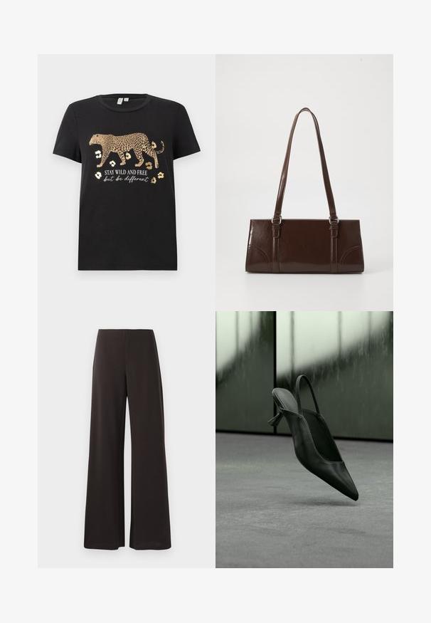 Zwarte katoen t-shirt met een luipaardprint ontwerp en gouden accenten. Bevat de tekst "BLIJF WILD EN VRIJ maar wees anders" eronder.; Zwarte wijde broek van glad, rekbaar stof. Heeft een hoge tailleband en een strak, minimalistisch ontwerp zonder zichtbare sluitingen.; Zwarte leren slingback pumps met hoge hak en spits toelopende neus zwevend boven een grijs tapijtvloer, wazige groenachtige muur op de achtergrond.; Bruine lakleren handtas met een rechthoekige vorm, twee lange handvatten en subtiele gebogen accenten aan de voorkant.