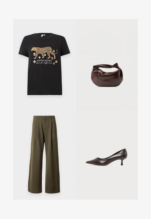 Schwarzes Baumwoll-T-Shirt mit Leopardenmuster und goldenen Akzenten. Mit dem Text "BLEIB WILD UND FREI, aber sei anders" darunter.; Olivgrüne weit geschnittene Hosen mit Falten, Gürtelschlaufen und einem verdeckten vorderen Verschluss vor einem einfarbigen Hintergrund.; Dunkelbrauner Leder-Pumps mit spitzer Kappe und niedrigem, gebogenem Absatz auf weißem Hintergrund.; Dunkelbraune Lederschultertasche mit weicher, lockerer Form und einem gedrehten Knotengriff vor schlichtem weißem Hintergrund.
