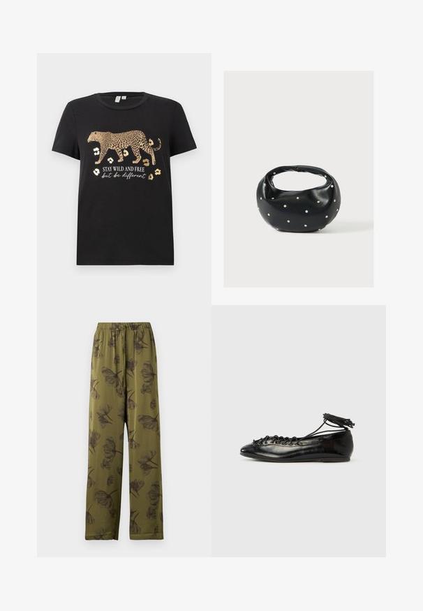 Camiseta de algodón negra con un diseño de estampado de leopardo y acentos dorados. Presenta el texto "MANTENTE SALVAJE Y LIBRE pero sé diferente" debajo.; Pantalones de pierna ancha verde oliva con cintura elástica y patrón de flores negras.; Zapatos planos tipo ballet de charol negro con punta redondeada, diseño con cordones y suela plana. Textura lisa con detalles mínimos.; Bolso de mano de cuero negro con forma redondeada, decorado con detalles de tachuelas plateadas y un asa corta. Textura lisa y cierre con cremallera.