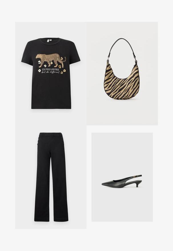 Camiseta de algodón negra con un diseño de estampado de leopardo y acentos dorados. Presenta el texto "MANTENTE SALVAJE Y LIBRE pero sé diferente" debajo.; Pantalones de pierna ancha negros con cintura alta, detalles de botones en los laterales y una textura de denim suave con un acabado limpio.; Zapato de tacón slingback negro de punta afilada, hecho de cuero suave. Presenta un tacón delgado y un detalle de hebilla en la correa ajustable.; Bolso de hombro de estampado de cebra en beige y negro con base curva y una sola asa negra, fotografiado sobre un fondo blanco liso.