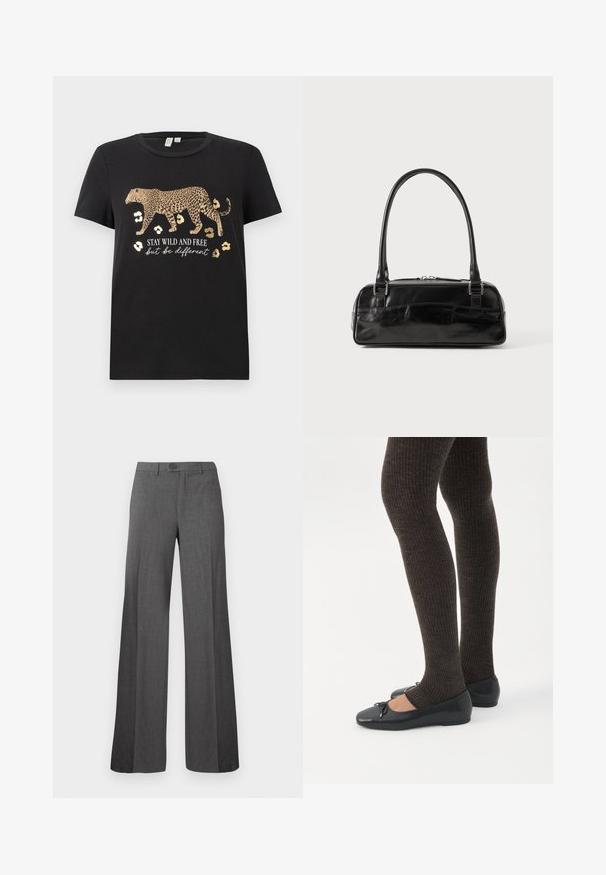 Sort bomulds T-shirt med leopardprint design og gyldne accenter. Har teksten "BLIV VILDE OG FRIE, men vær anderledes" under.; Grå vidde bukser med knap og lynlås, flad front og bæltestropper, vist på en ensfarvet lys baggrund.; Ben iført mørke ribbede leggings kombineret med sorte balletsko med små sløjfedetaljer på hvid baggrund.; Sort læderhåndtaske med rektangulær form, der har et enkelt struktureret håndtag, sølvhardware og lynlås-lukning. Glat tekstur.