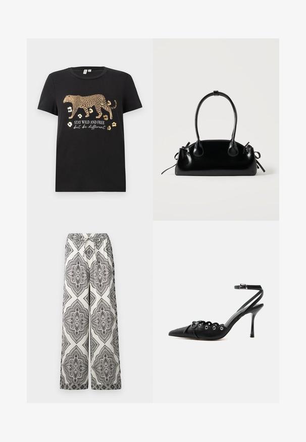 Sort bomulds T-shirt med leopardprint design og gyldne accenter. Har teksten "BLIV VILDE OG FRIE, men vær anderledes" under.; Bredde ben bukser i крем med et sort prangende diamantmønster. Har en elastisk talje med bindebånd og en glat tekstur.; Sort spids hæl med bølgede kanter, metaløjer, snørelukning foran og ankelrem med spænde.; Lille sort blank håndtaske med to lange håndtag og snøre-detaljer i siden på en ensfarvet lys baggrund.