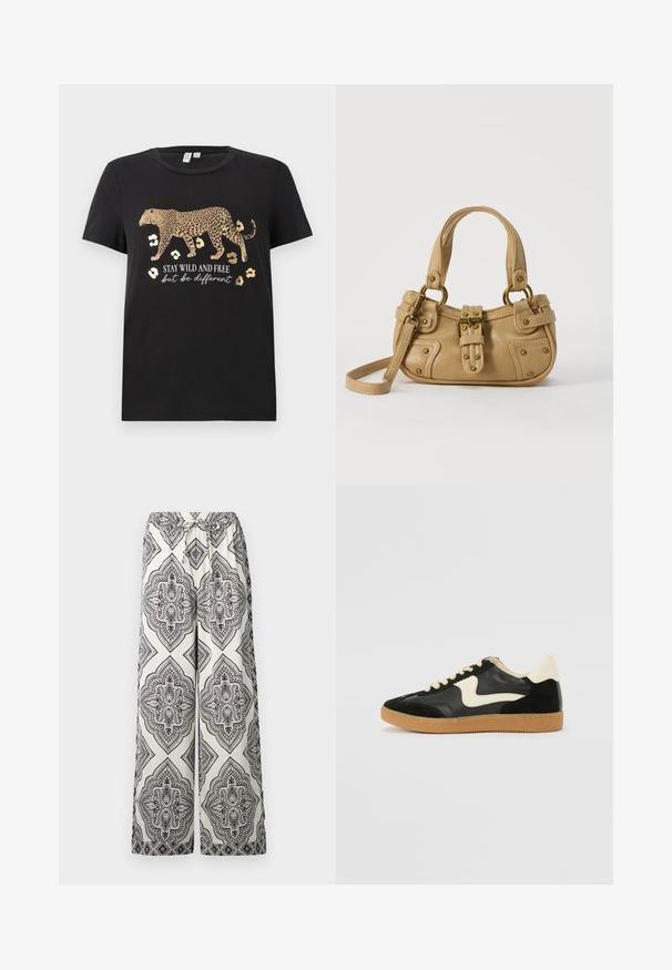 Sort bomulds T-shirt med leopardprint design og gyldne accenter. Har teksten "BLIV VILDE OG FRIE, men vær anderledes" under.; Bredde ben bukser i крем med et sort prangende diamantmønster. Har en elastisk talje med bindebånd og en glat tekstur.; Sorte ruskinds- og lædersneakers med en cremefarvet side-swoosh og lys cremefarvet hæl. Har beige snørebånd og en gummirubber-sål.; Beige læderhåndtaske med dobbelte håndtag, messing spænde og nitte detaljer samt en justerbar skulderrem mod en hvid baggrund.