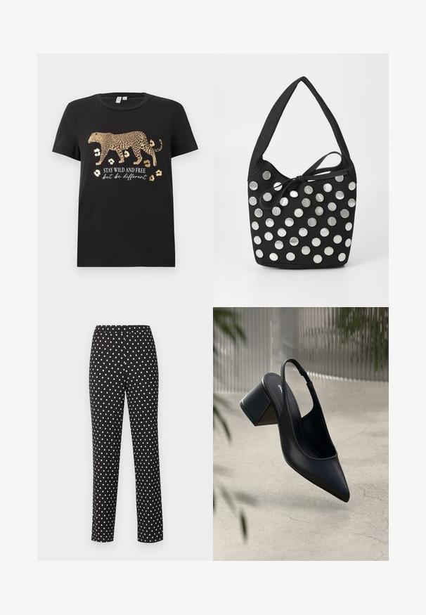 Camiseta de algodón negra con un diseño de estampado de leopardo y acentos dorados. Presenta el texto "MANTENTE SALVAJE Y LIBRE pero sé diferente" debajo.; Pantalones rectos negros con lunares blancos, cintura elástica y sin bolsillos o cierres visibles, mostrados sobre un fondo liso.; Zapato de tacón slingback de cuero negro con punta afilada y tacón cuadrado. Textura suave, diseño minimalista y correa ajustable en el tobillo.; Bolso de tela negro con forma redondeada, adornado con tachuelas metálicas circulares plateadas dispuestas en un patrón, y un detalle de tela atado.