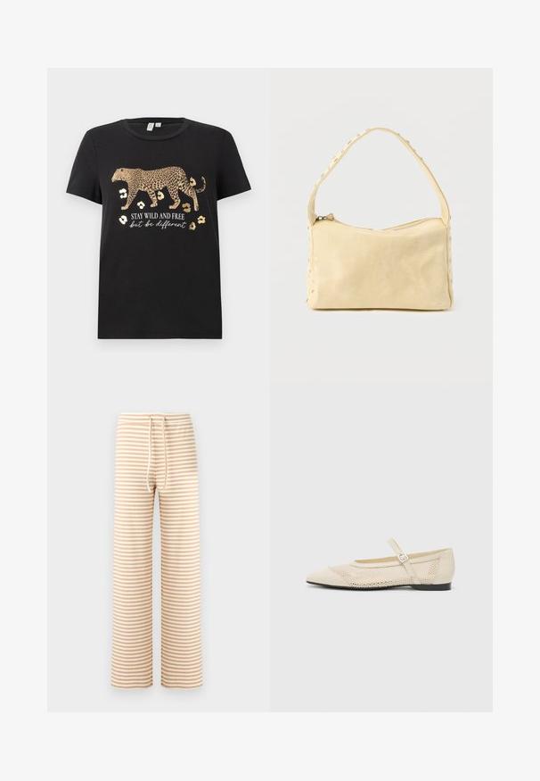 Sort bomulds T-shirt med leopardprint design og gyldne accenter. Har teksten "BLIV VILDE OG FRIE, men vær anderledes" under.; Bredbenede bukser med striber i beige og creme, lavet af blødt stof med snøre i taljen og en afslappet pasform. Vertikalt stribet mønster over det hele.; Beige balletflader med spids tå, mesh design overlay og en side spænde. Flad sål med en glat tekstur.; Lille beige læderhåndtaske med en enkelt rem og sølvnitter langs kanterne og remmen, sat mod en ensfarvet baggrund.