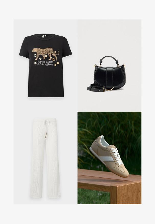 Sort bomulds T-shirt med leopardprint design og gyldne accenter. Har teksten "BLIV VILDE OG FRIE, men vær anderledes" under.; Hvide strikkede loungbukser med et tekstureret mønster, der har en snor i taljen og to dekorative knapper foran.; Beige sportssko med en glat ruskindsoverflade, hvide snørebånd og en kontrasterende hvid stribe. Minimalistisk design med afrundet tå og tekstureret sål.; Sort læderhåndtaske med en buet silhuet, gyldne accenter og en aftagelig rem. Har et topgrep og lodrette sømdetaljer.